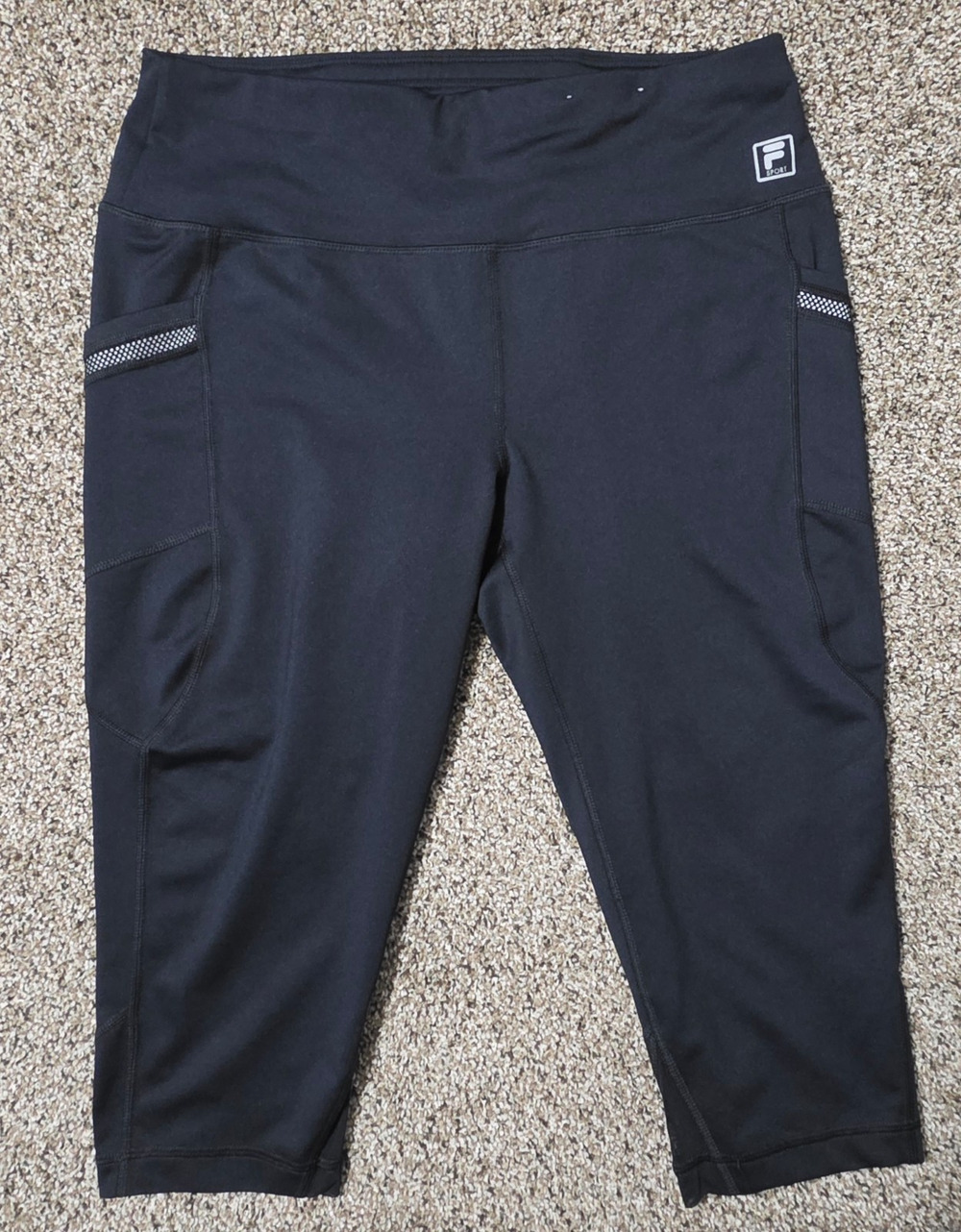 Fila Sport Womens Black Capri Leggings Large Mesh Pockets Athletic Running Pants